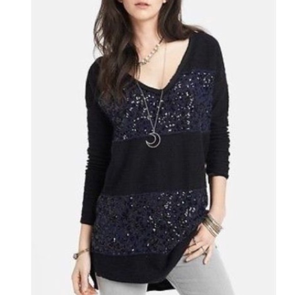 Free People Tops - Free People Navy Sequin Sweater Sz M